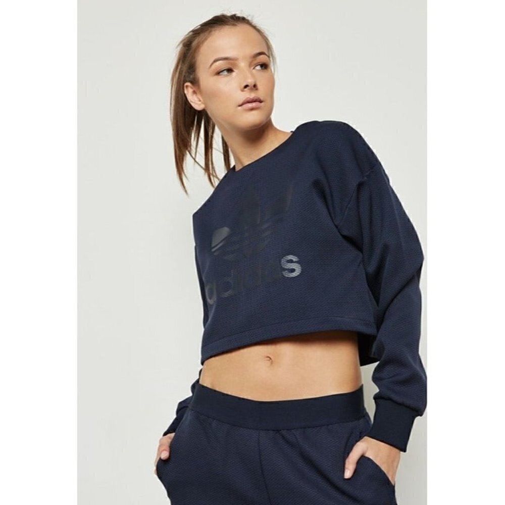 Adidas Cropped Sweatshirt Womens S Navy Blue Textured Trefoil Back Zip Top